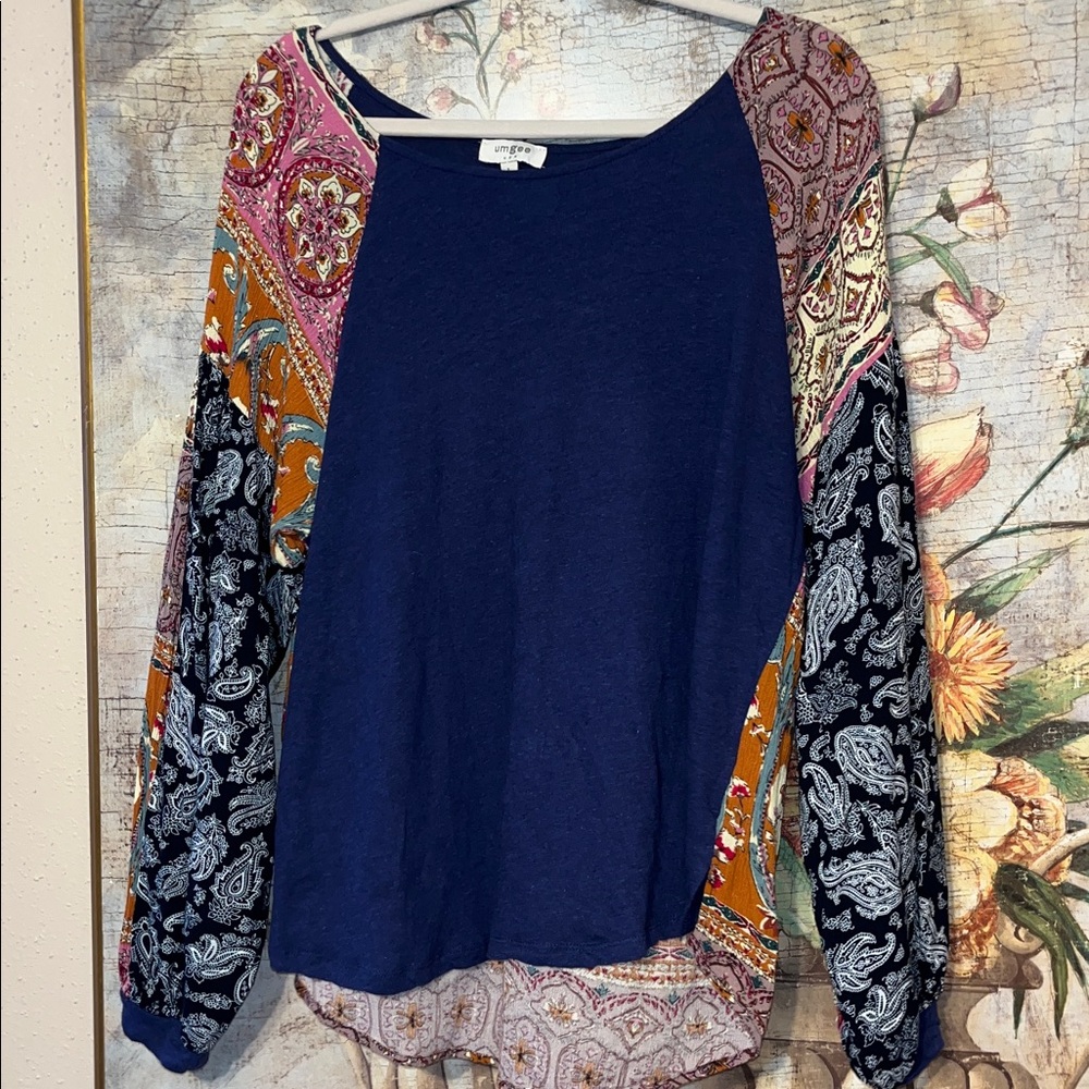 Sz L Umgee Mixed Media Bohemian Patchwork Linenblend Top